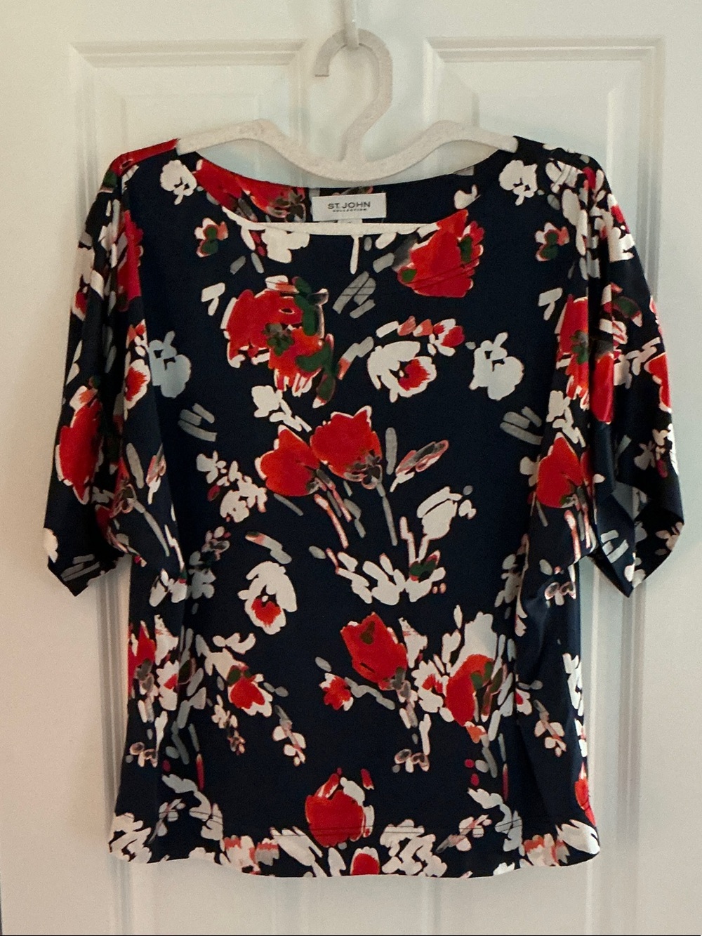 St. John Navy Floral Short-Sleeve Blouse with Red & White Blooms